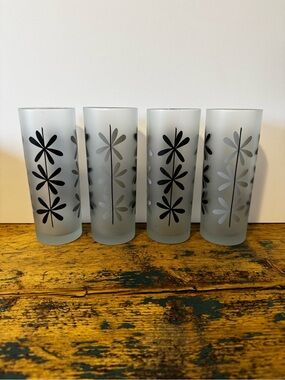 Frosted Glass Tumblers with Black and Grey Floral Design - Set of 4